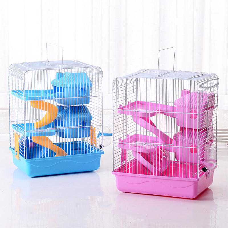 KFX-3985085 Three-Storey Hamster Cage with Accessories - Plastic and Iron Wire Construction, Spacious Design in Blue, Pink, Brown