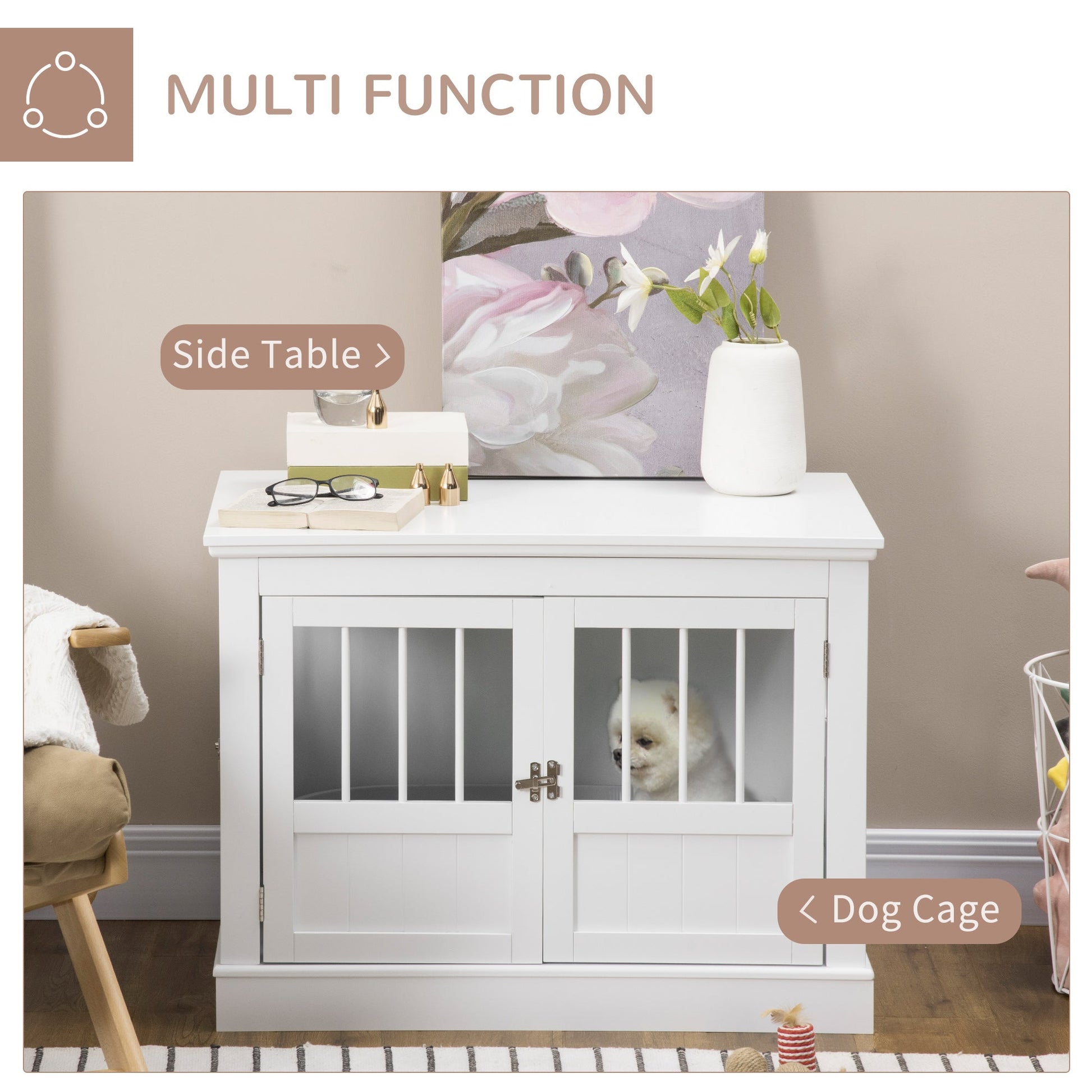 KFX-3990845 White Wooden Dog Crate End Table with Triple Doors for Small Dogs Indoor Use