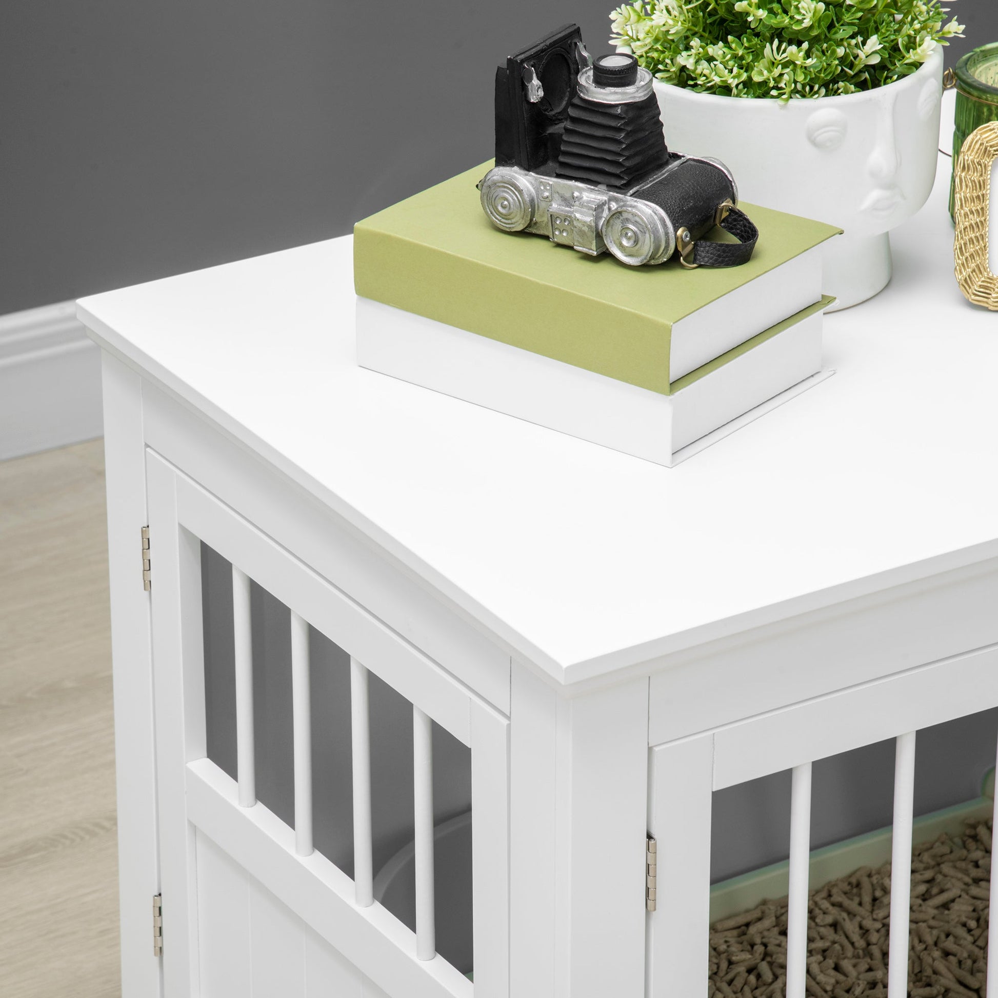KFX-3990845 White Wooden Dog Crate End Table with Triple Doors for Small Dogs Indoor Use