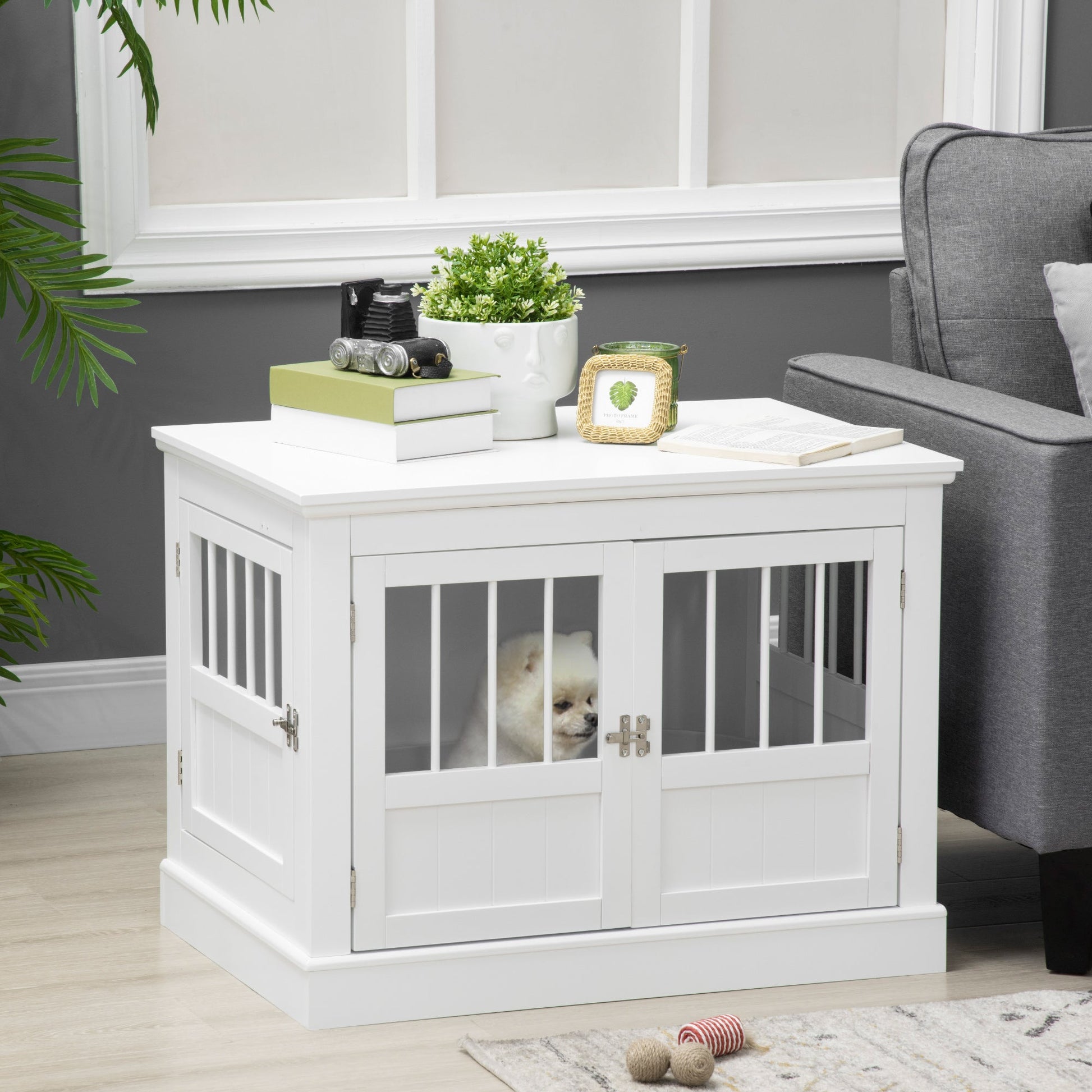 KFX-3990845 White Wooden Dog Crate End Table with Triple Doors for Small Dogs Indoor Use