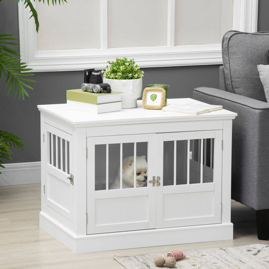KFX-3990845 White Wooden Dog Crate End Table with Triple Doors for Small Dogs Indoor Use