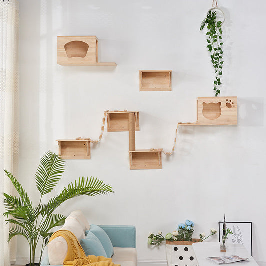 KFX-3996221 Luxury Pine Wood Cat Climbing Frame with Acrylic Bowl and Durable Hemp Rope