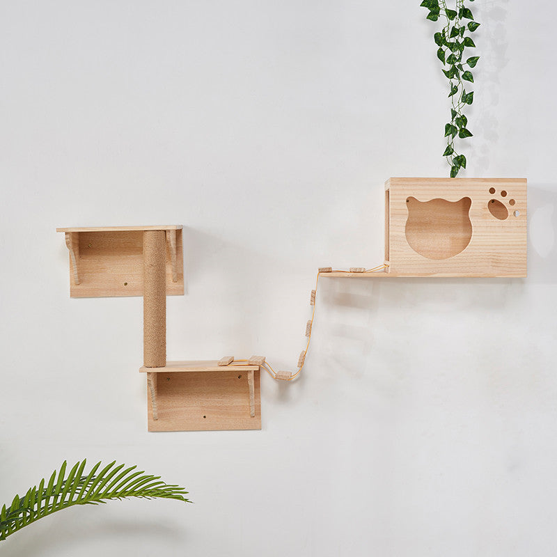 KFX-3996221 Luxury Pine Wood Cat Climbing Frame with Acrylic Bowl and Durable Hemp Rope