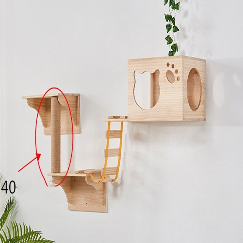 KFX-3996221 Luxury Pine Wood Cat Climbing Frame with Acrylic Bowl and Durable Hemp Rope