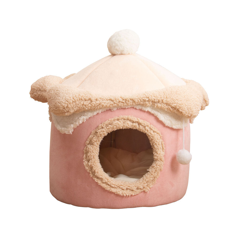 KFX-3996989 Cozy Ice Cream House Dog Bed - Soft Velvet Pet Nest in Pink, Wine Red, and Coffee