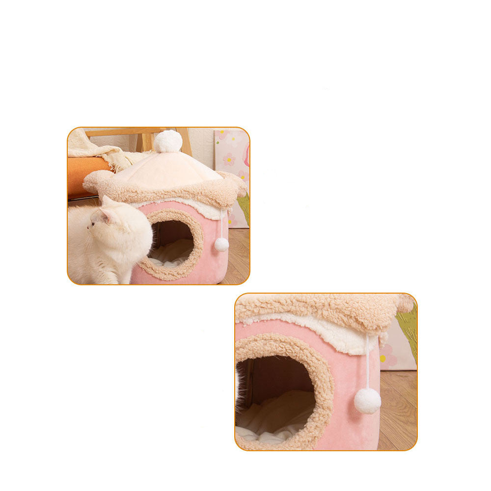 KFX-3996989 Cozy Ice Cream House Dog Bed - Soft Velvet Pet Nest in Pink, Wine Red, and Coffee