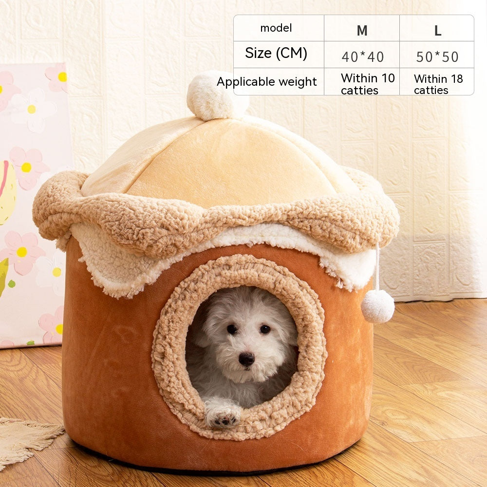KFX-3996989 Cozy Ice Cream House Dog Bed - Soft Velvet Pet Nest in Pink, Wine Red, and Coffee