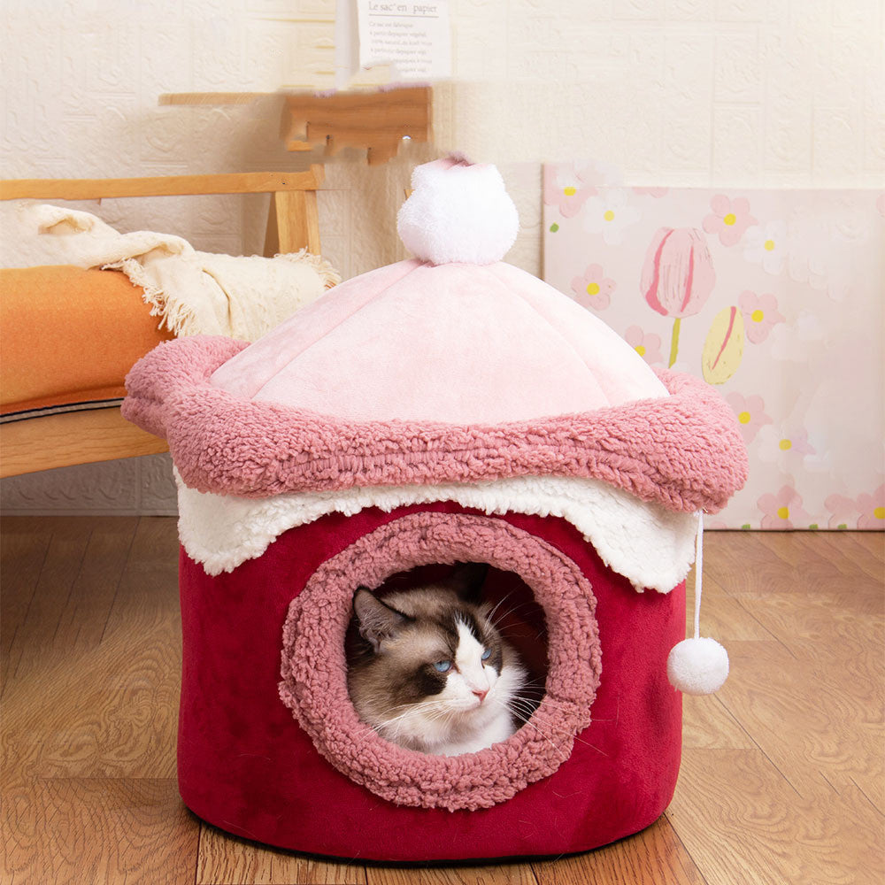 KFX-3996989 Cozy Ice Cream House Dog Bed - Soft Velvet Pet Nest in Pink, Wine Red, and Coffee