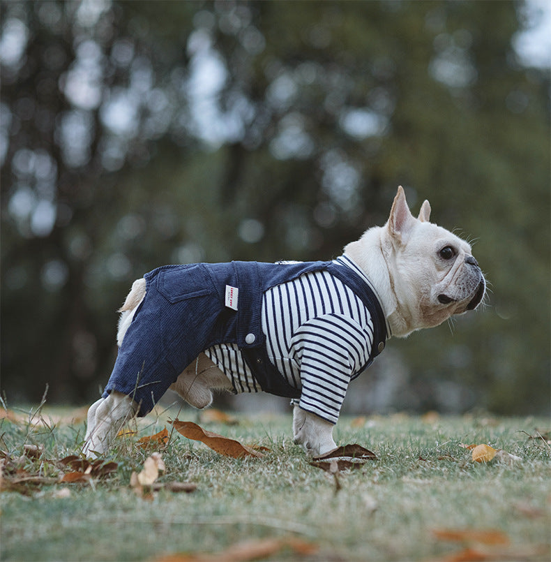 KFX-3999293 Cotton Stretch Four-Legged Pet Overalls for Autumn & Winter – Casual Design in Navy, Khaki, Yellow, and Blue