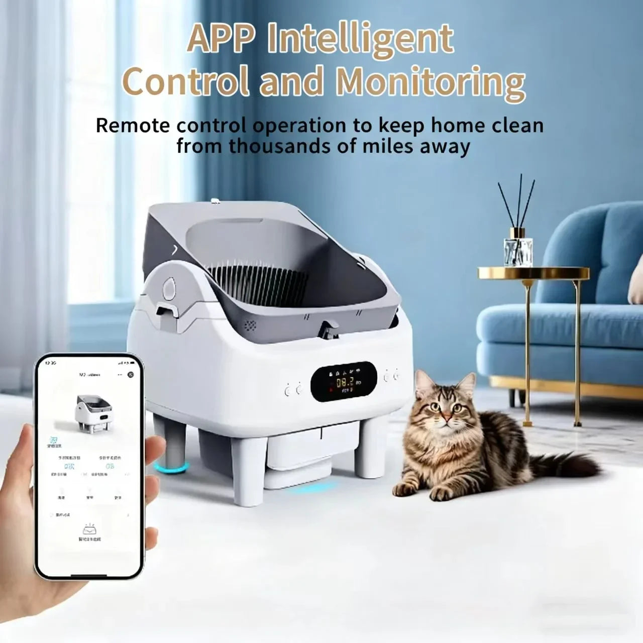 KFX-400211 Automatic Smart Cat Litter Box with Remote Control and Health Monitor - 68L Capacity, Durable PP Plastic