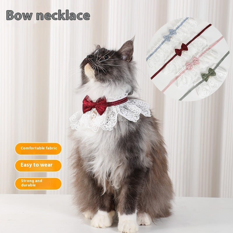 KFX-4006077 Lace Edge Pet Scarf Collar for Cats - Light Blue, Wine Red, Pink, Green, Four Seasons Universal Style