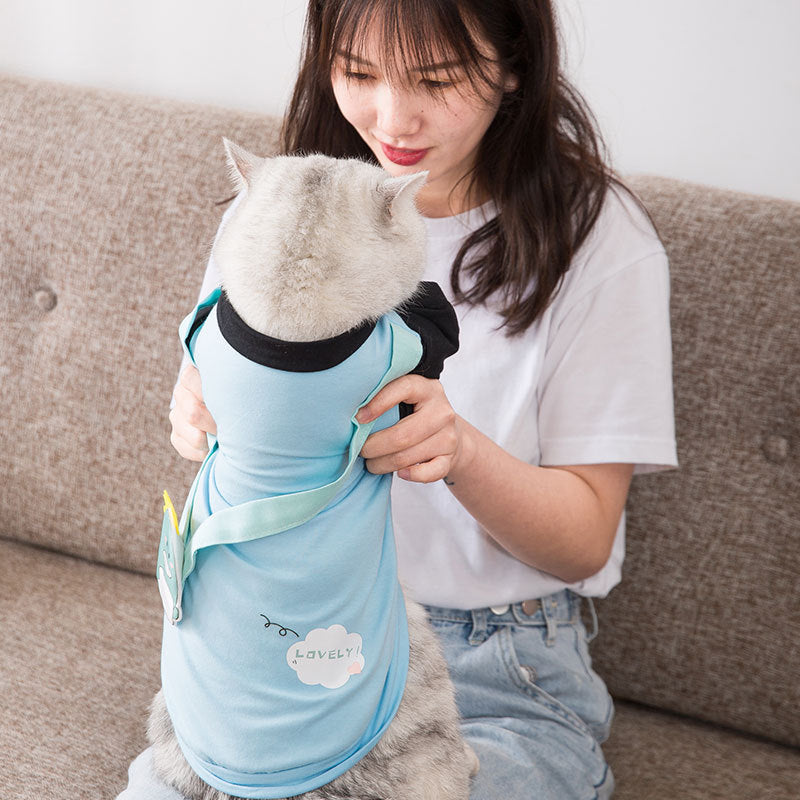 KFX-4016445 Cartoon Dinosaur Pet T-Shirt in Blue - Lightweight Jersey Fabric for Small Pets