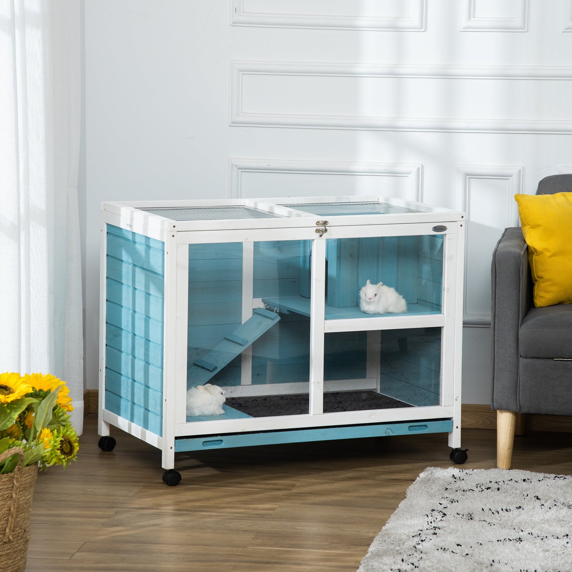 KFX-4017853 Blue Fir Wood Indoor Rabbit Hutch with Sleeping Area and Run Space