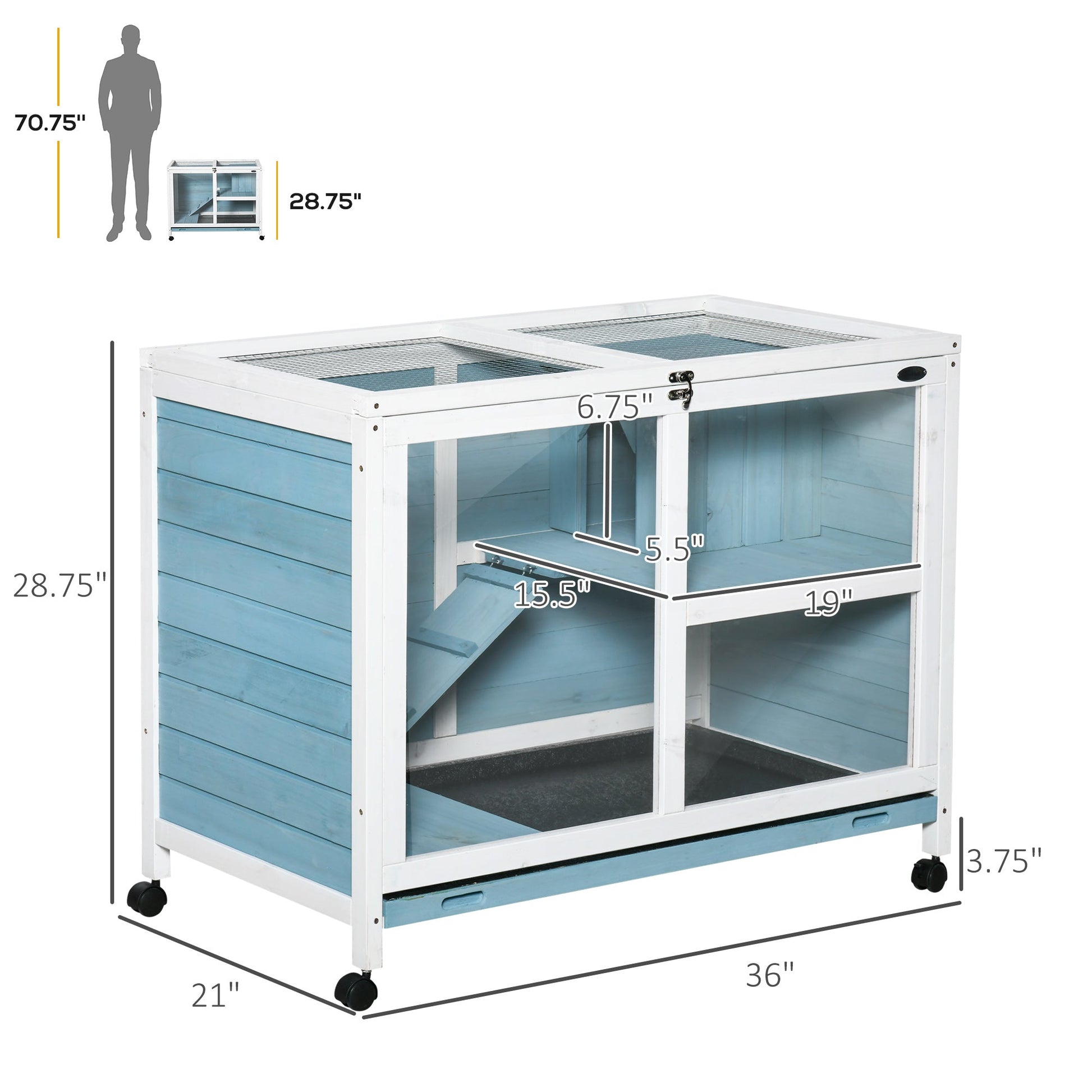 KFX-4017853 Blue Fir Wood Indoor Rabbit Hutch with Sleeping Area and Run Space
