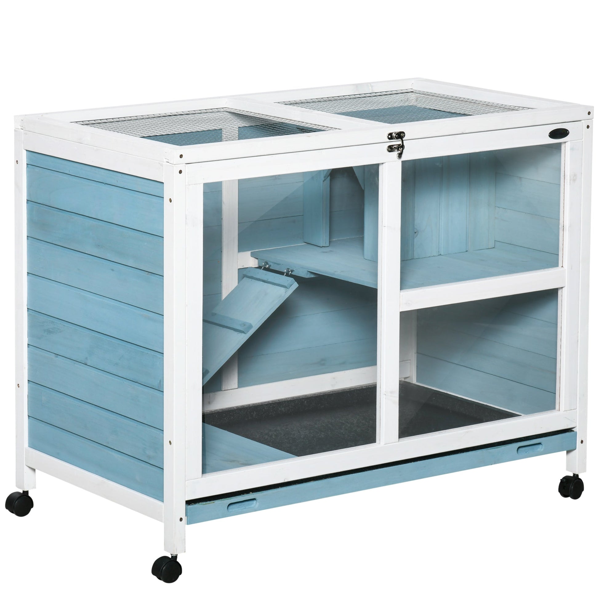 KFX-4017853 Blue Fir Wood Indoor Rabbit Hutch with Sleeping Area and Run Space