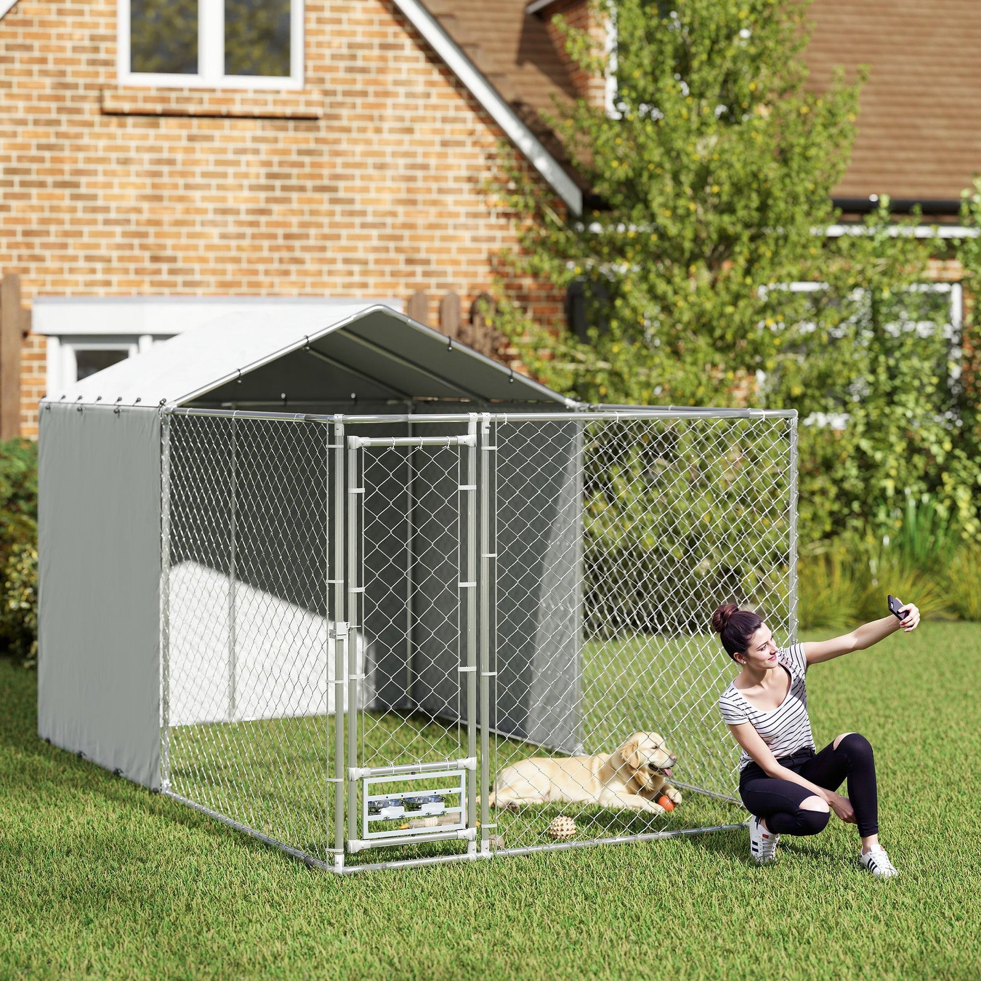 KFX-4029373 Large Outdoor Galvanized Steel Dog Kennel with Waterproof UV Cover for Medium to Large Dogs 13.1' x 7.5' x 7.5'