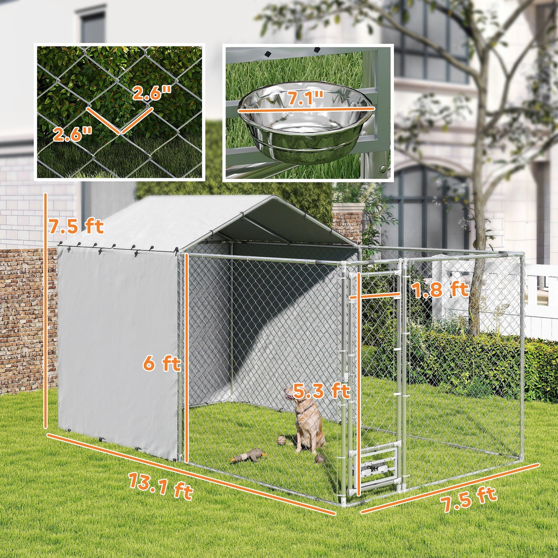 KFX-4029373 Large Outdoor Galvanized Steel Dog Kennel with Waterproof UV Cover for Medium to Large Dogs 13.1' x 7.5' x 7.5'