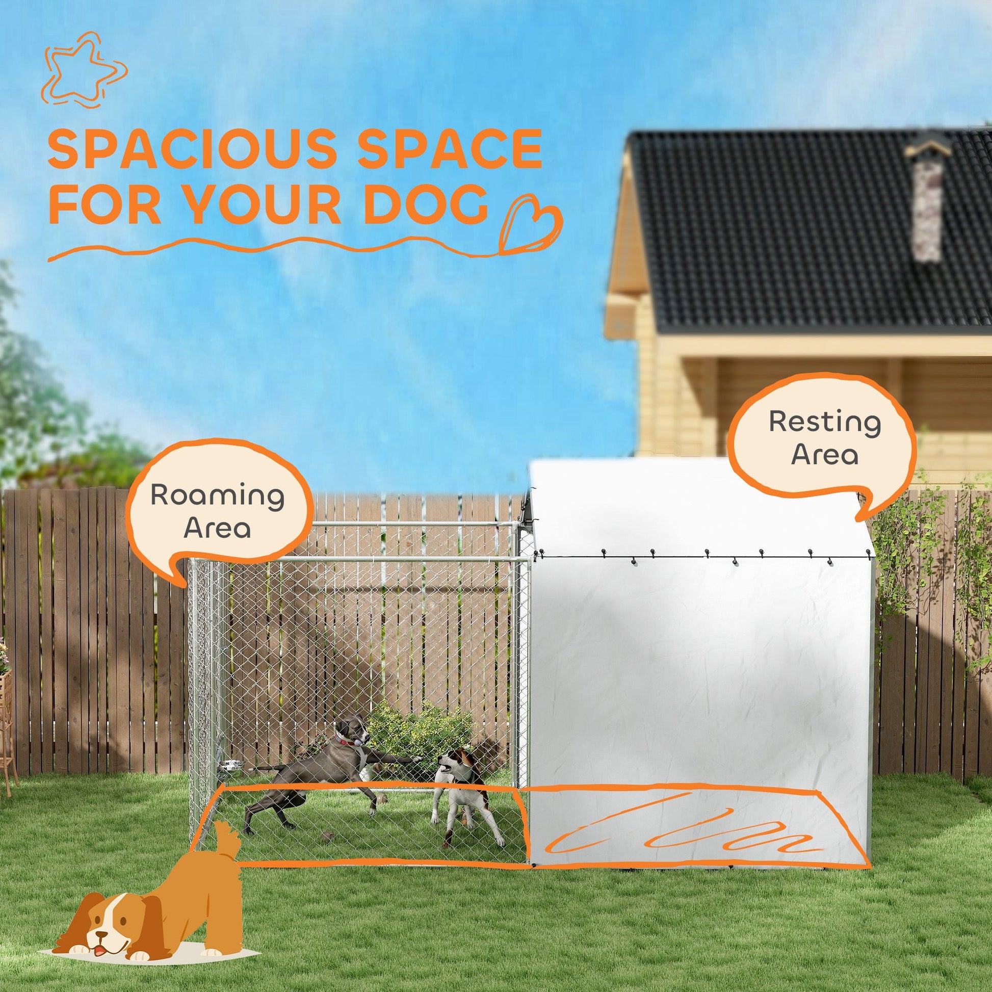 KFX-4029373 Large Outdoor Galvanized Steel Dog Kennel with Waterproof UV Cover for Medium to Large Dogs 13.1' x 7.5' x 7.5'
