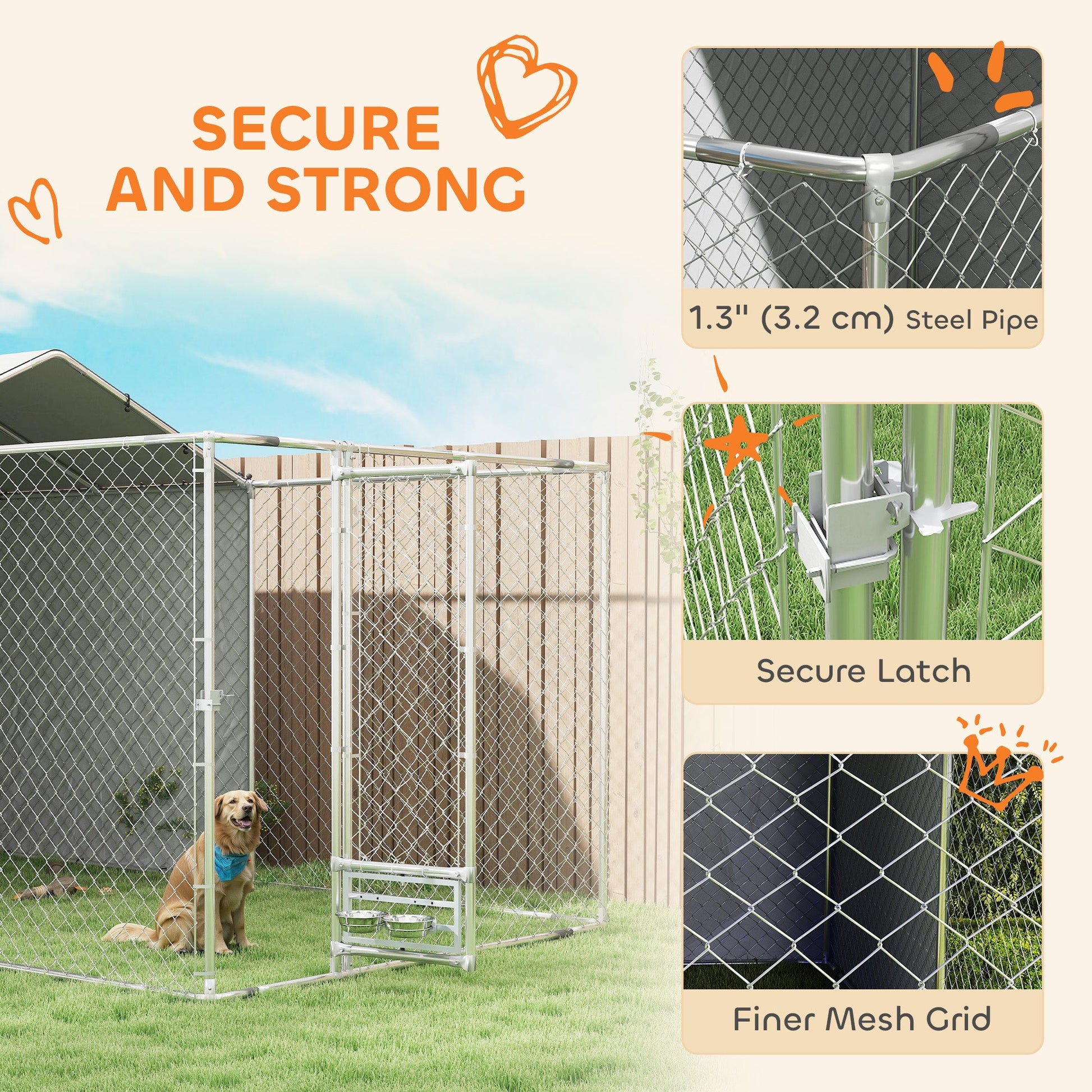 KFX-4029373 Large Outdoor Galvanized Steel Dog Kennel with Waterproof UV Cover for Medium to Large Dogs 13.1' x 7.5' x 7.5'