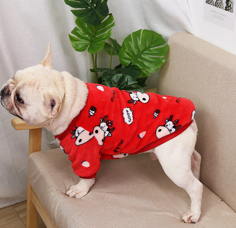 KFX-4032061 Autumn and Winter Coral Fleece Sweater for Pugs in Blue, White, Red, and Yellow