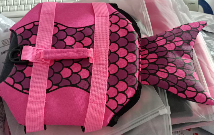 KFX-4033085 Pet Life Jacket for Dogs - Shark Mermaid Design, Available in Rose Red and Silver Gray, Sizes XS to XL