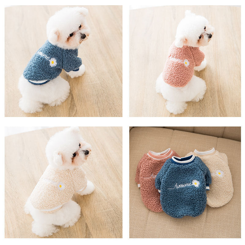 KFX-4033853 Embroidered Dog Feet Teddy Coat in Blue and Pink - Warm Wool Grain Sweater for Pets