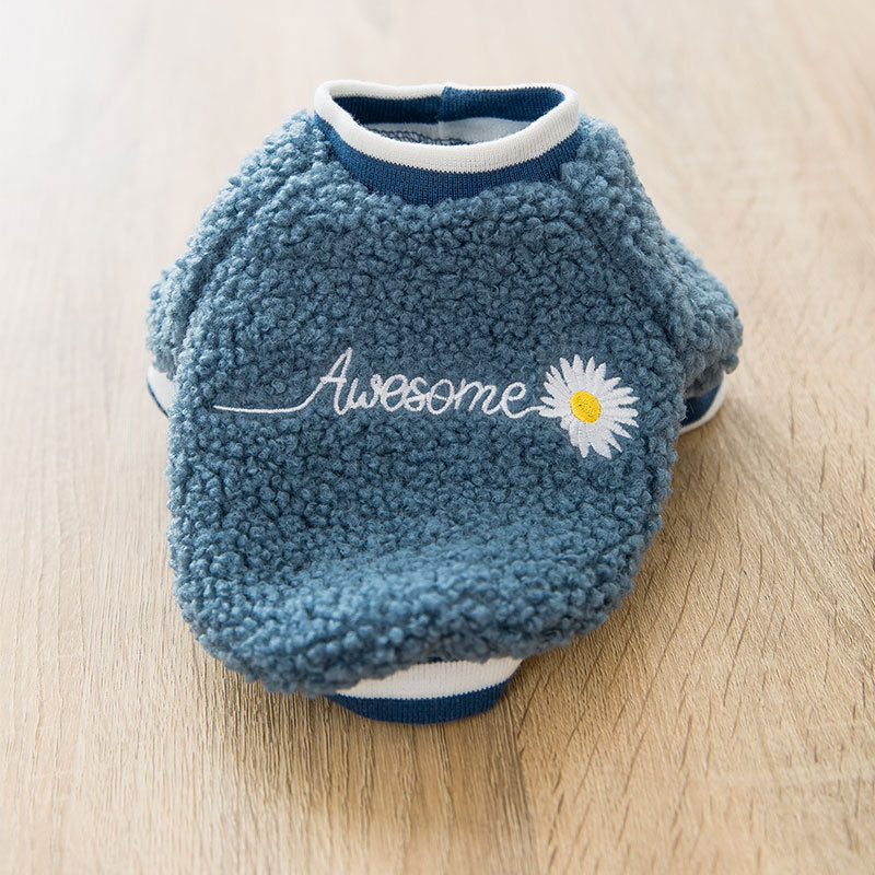 KFX-4033853 Embroidered Dog Feet Teddy Coat in Blue and Pink - Warm Wool Grain Sweater for Pets