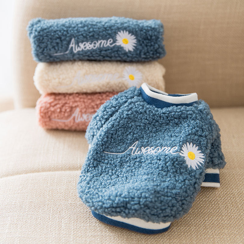 KFX-4033853 Embroidered Dog Feet Teddy Coat in Blue and Pink - Warm Wool Grain Sweater for Pets
