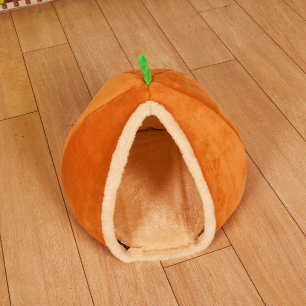 KFX-4044477 Cozy Pumpkin Cat Bed Cave - Semi Enclosed Plush Nest for Cats and Small Dogs