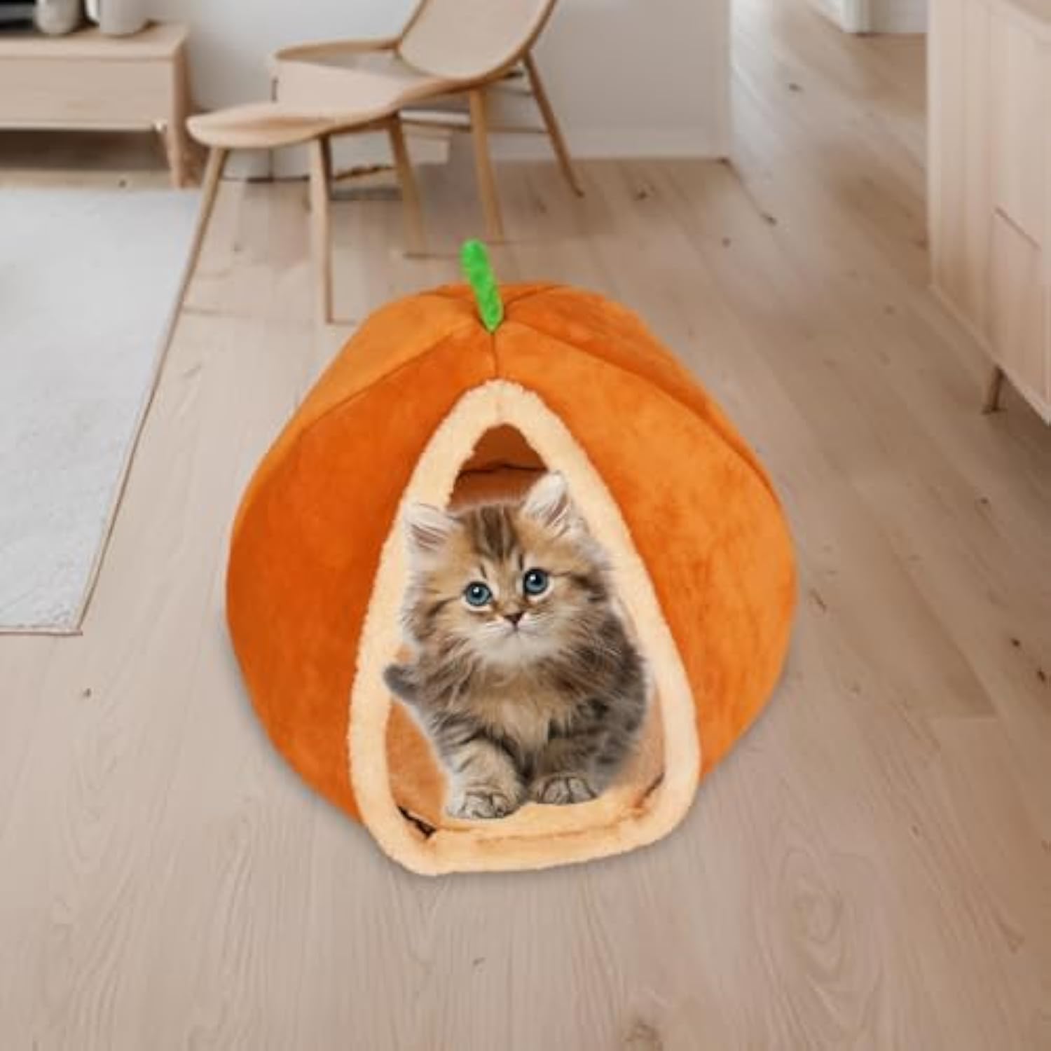 KFX-4044477 Cozy Pumpkin Cat Bed Cave - Semi Enclosed Plush Nest for Cats and Small Dogs