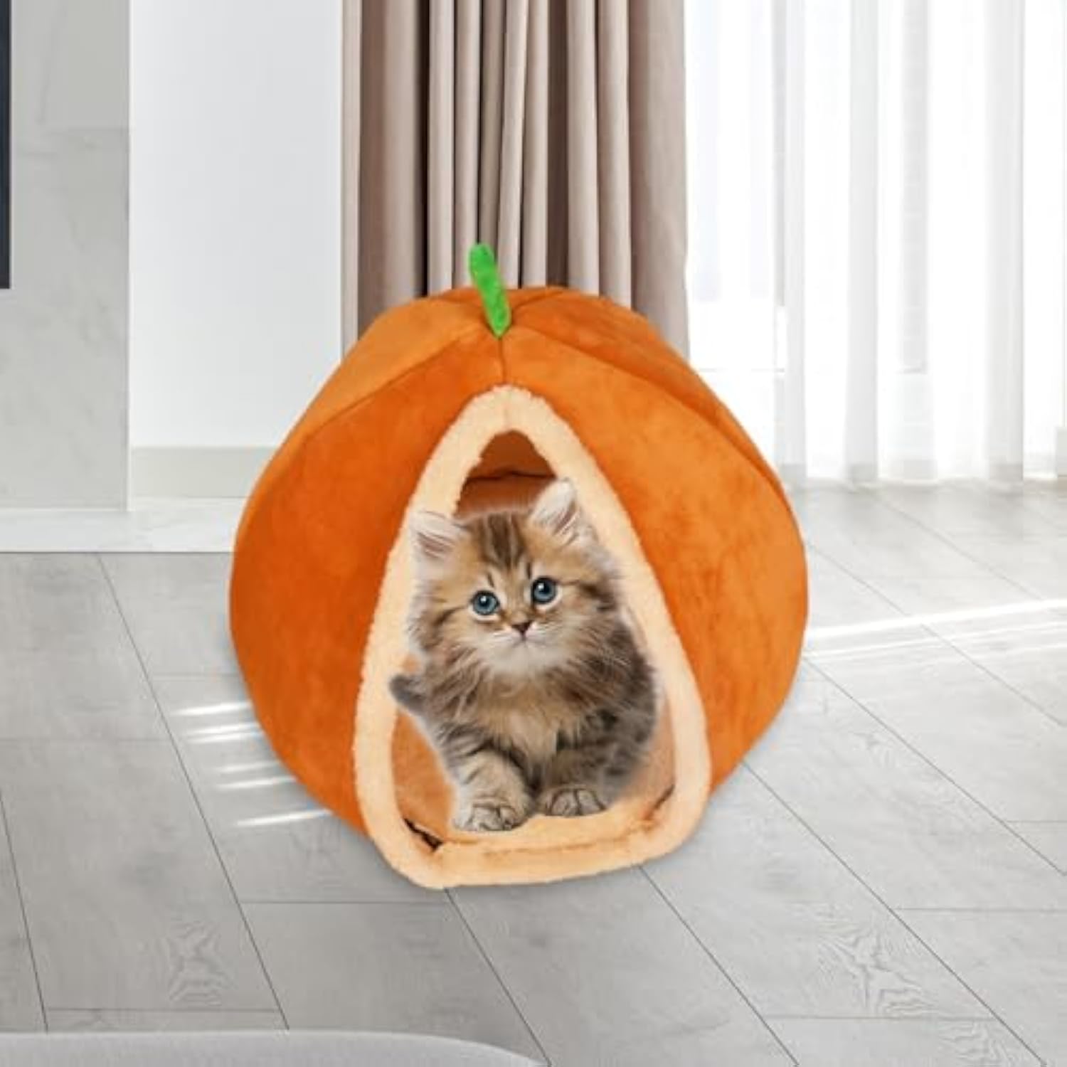 KFX-4044477 Cozy Pumpkin Cat Bed Cave - Semi Enclosed Plush Nest for Cats and Small Dogs