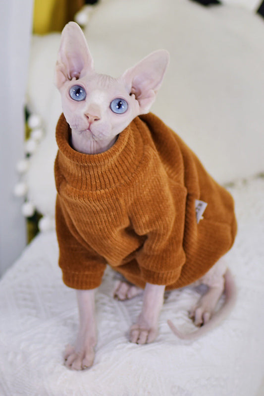 KFX-4045373 Cozy Thickened Chenille Winter Clothes for Hairless Cats in Caramel Brown