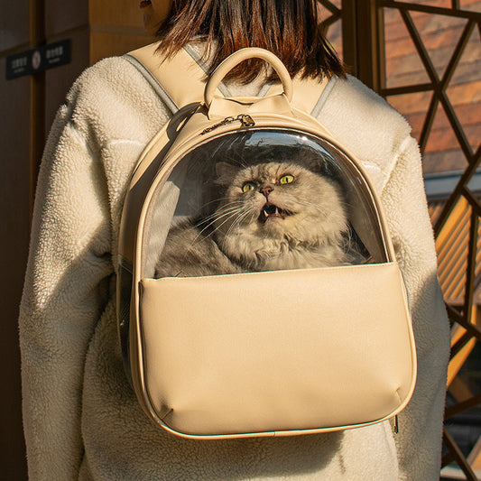 KFX-4049213 Transparent Cat and Dog Backpack in Beige and Blue, Fine Grain Leather, Various Sizes