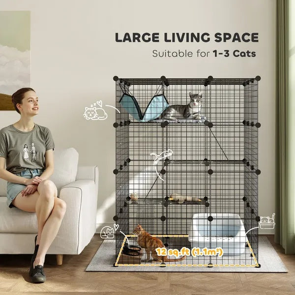 KFX-4050621 4-Tier Indoor Cat Cage with Hammock, Ramps, Platforms, and Doors for 1-3 Cats, 3x3x4 Feet, Black