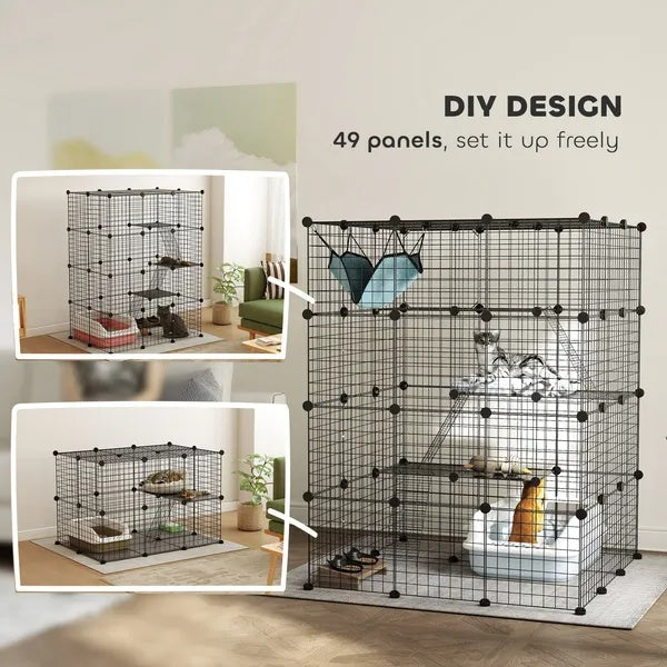 KFX-4050621 4-Tier Indoor Cat Cage with Hammock, Ramps, Platforms, and Doors for 1-3 Cats, 3x3x4 Feet, Black
