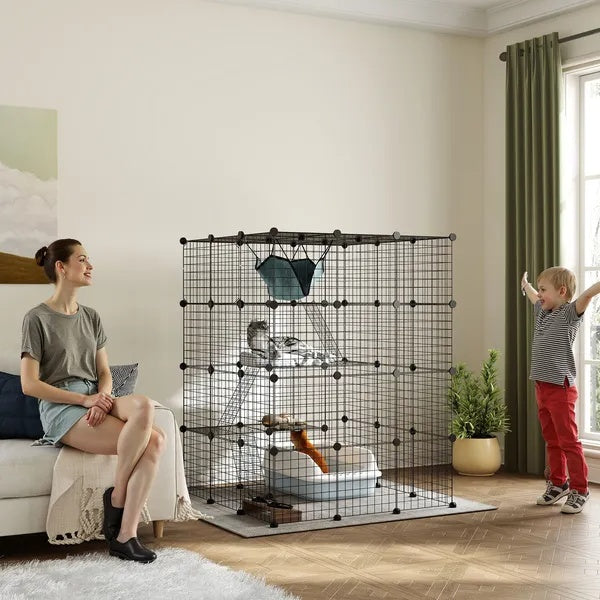 KFX-4050621 4-Tier Indoor Cat Cage with Hammock, Ramps, Platforms, and Doors for 1-3 Cats, 3x3x4 Feet, Black