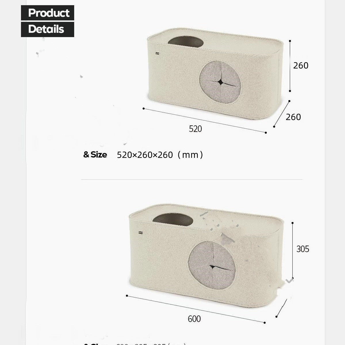KFX-4052797 Foldable Cat Nest in Khaki and Gray - Cozy Felt Pet Bed for Cats (52x26x26cm, 60x30.5x30.5cm)