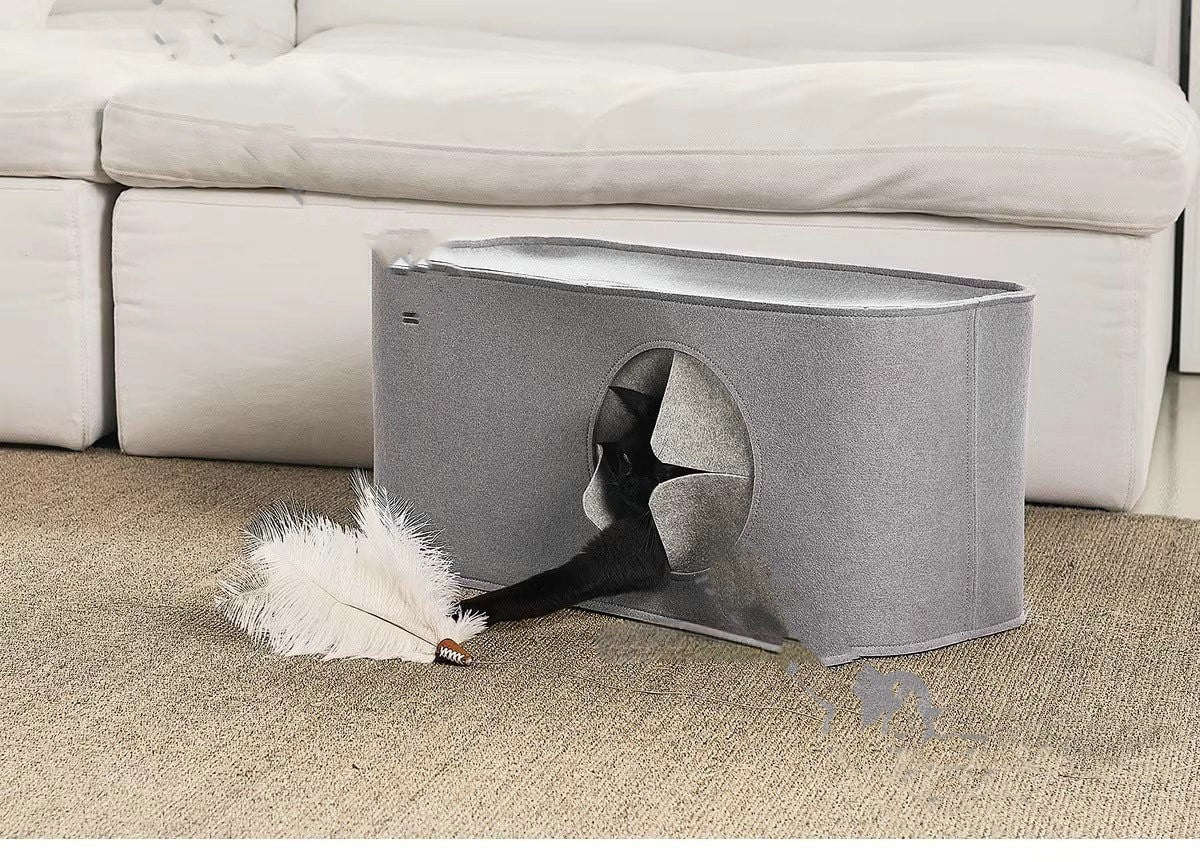 KFX-4052797 Foldable Cat Nest in Khaki and Gray - Cozy Felt Pet Bed for Cats (52x26x26cm, 60x30.5x30.5cm)