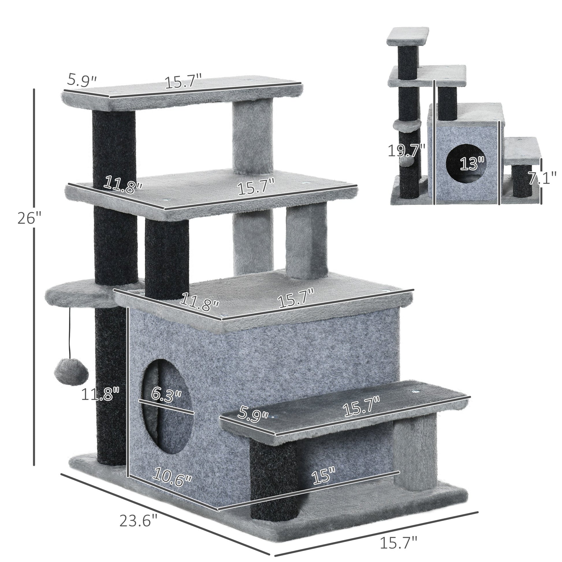 KFX-4061757 Adjustable 3/4 Step Cat Stairs with Scratching Post, Condo, and Toy Ball for Easy Access to Beds and Sofas