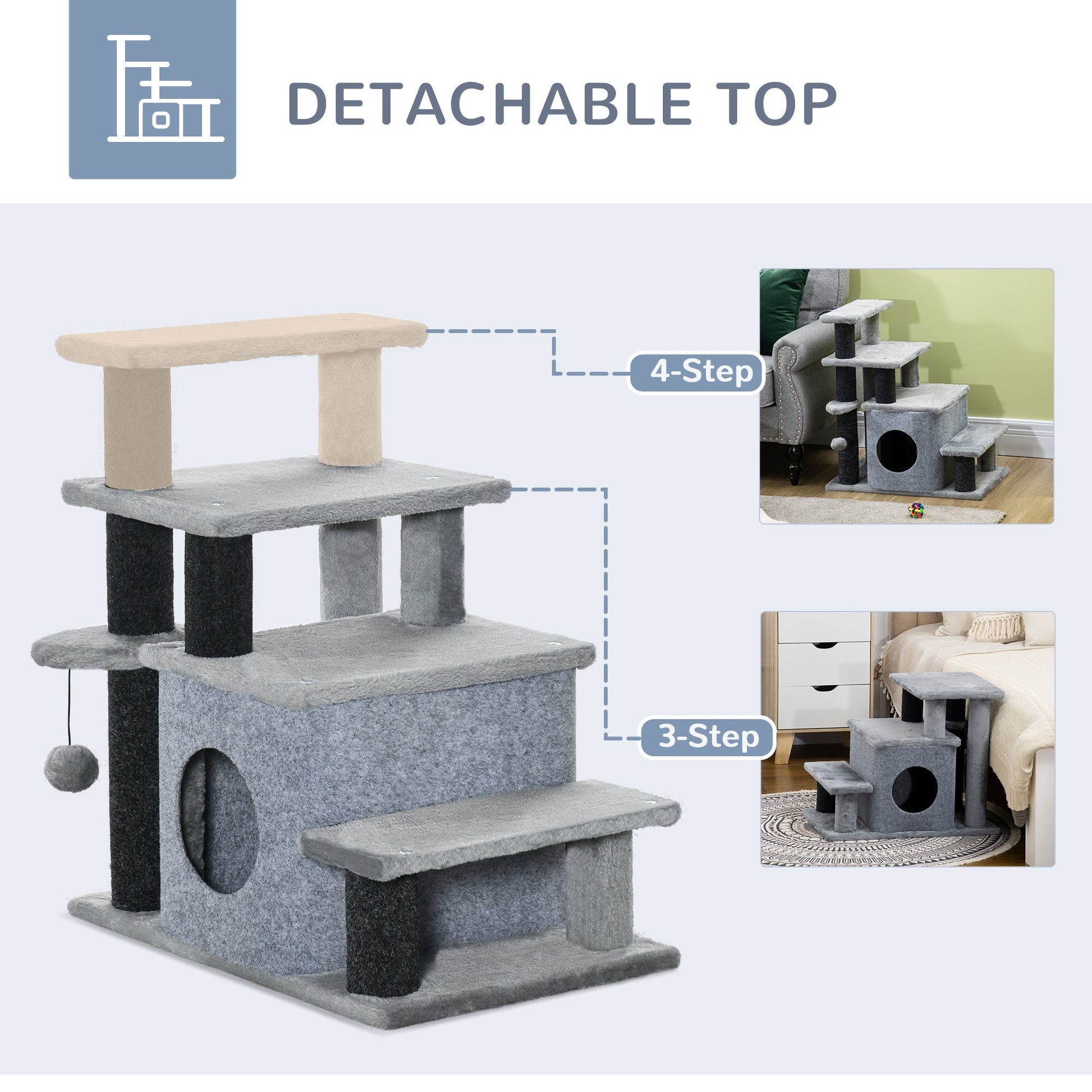 KFX-4061757 Adjustable 3/4 Step Cat Stairs with Scratching Post, Condo, and Toy Ball for Easy Access to Beds and Sofas