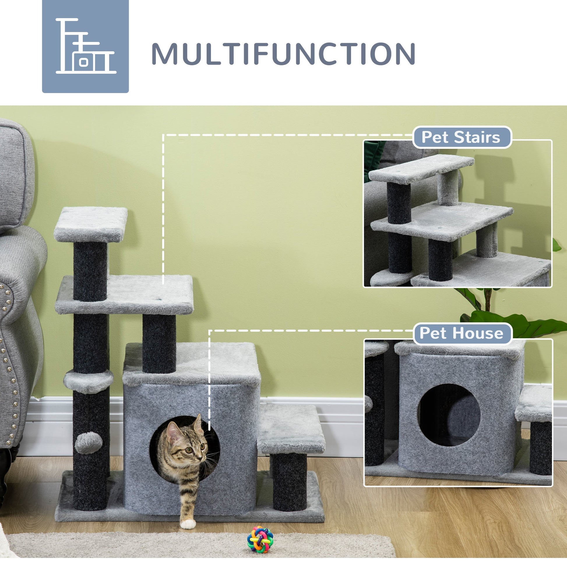 KFX-4061757 Adjustable 3/4 Step Cat Stairs with Scratching Post, Condo, and Toy Ball for Easy Access to Beds and Sofas