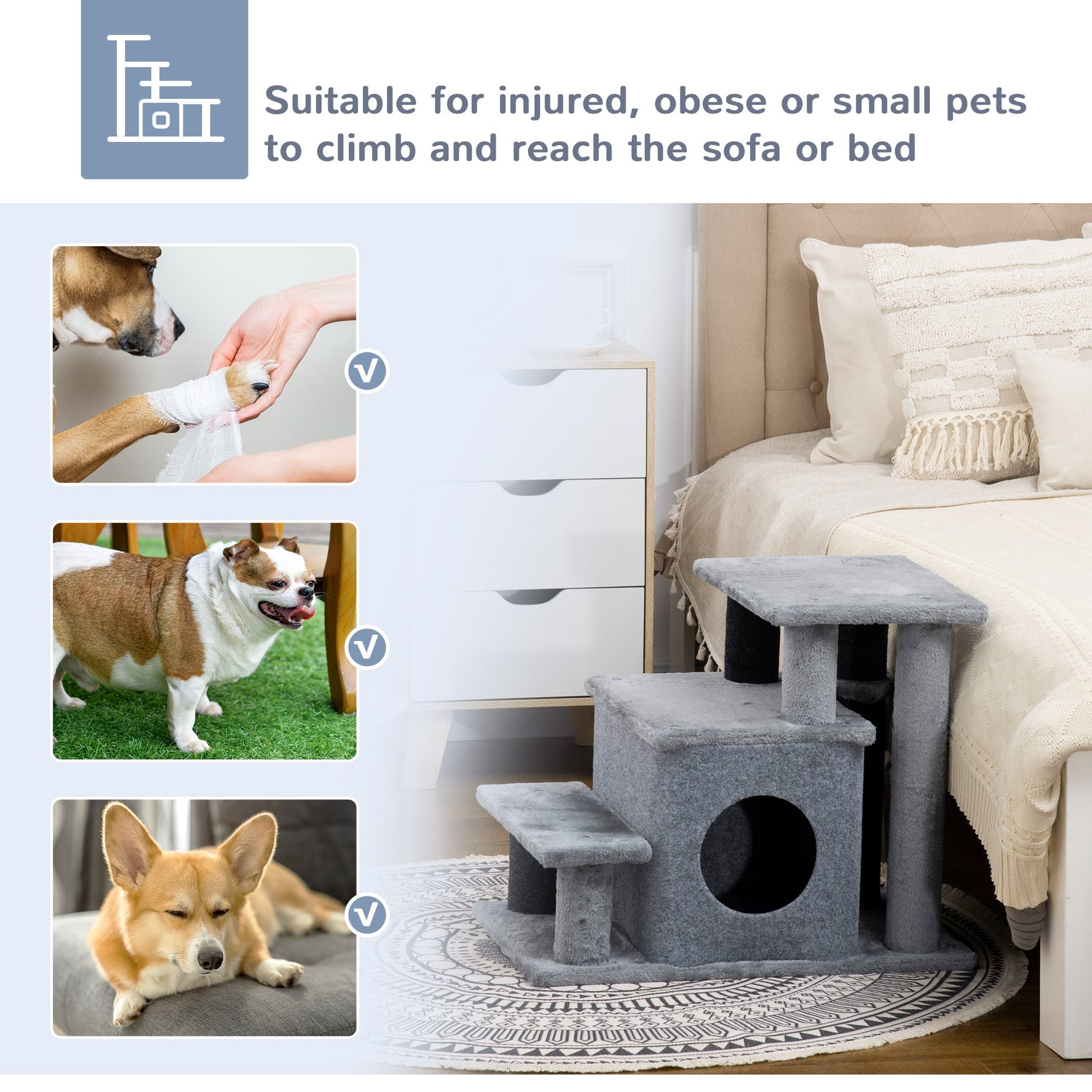 KFX-4061757 Adjustable 3/4 Step Cat Stairs with Scratching Post, Condo, and Toy Ball for Easy Access to Beds and Sofas
