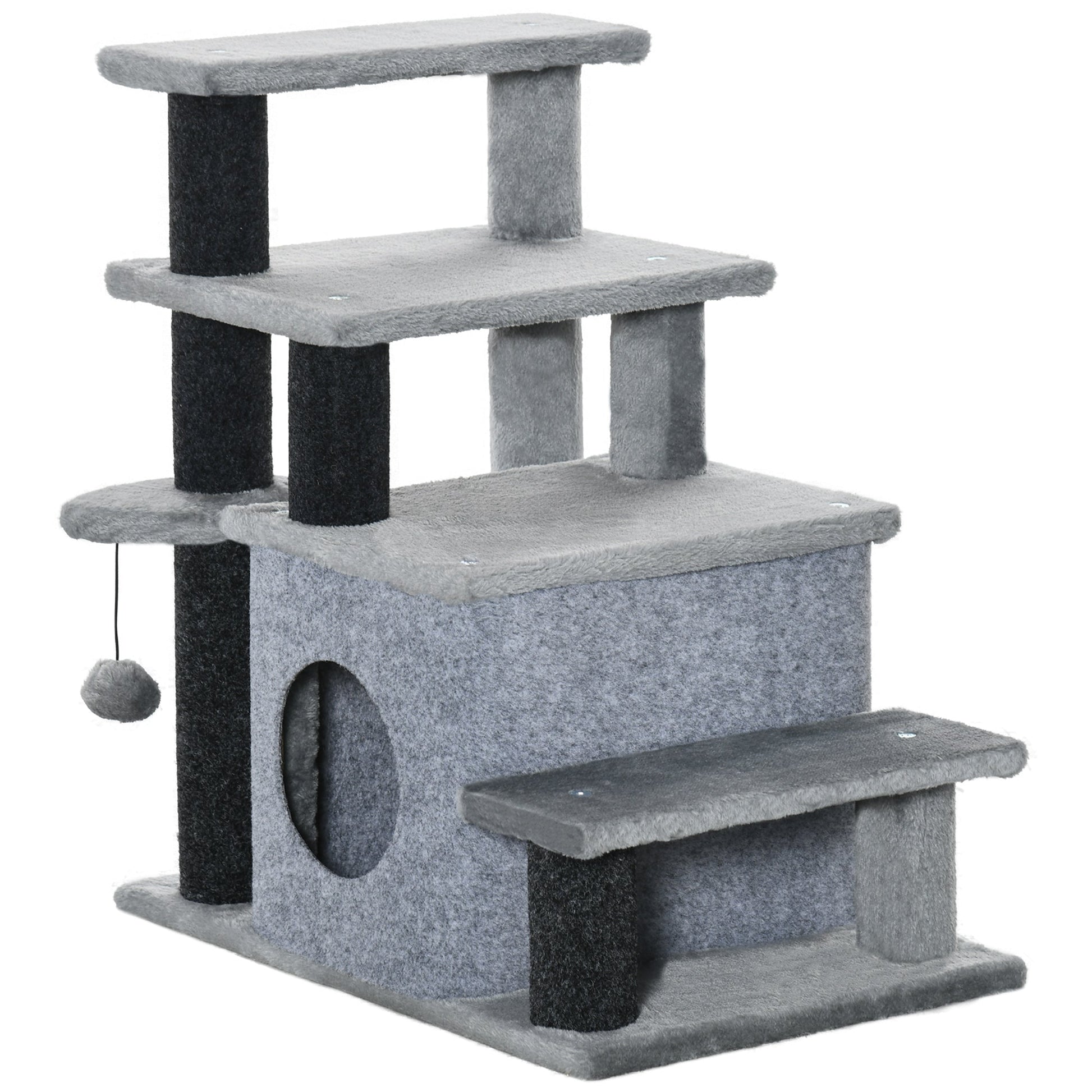 KFX-4061757 Adjustable 3/4 Step Cat Stairs with Scratching Post, Condo, and Toy Ball for Easy Access to Beds and Sofas