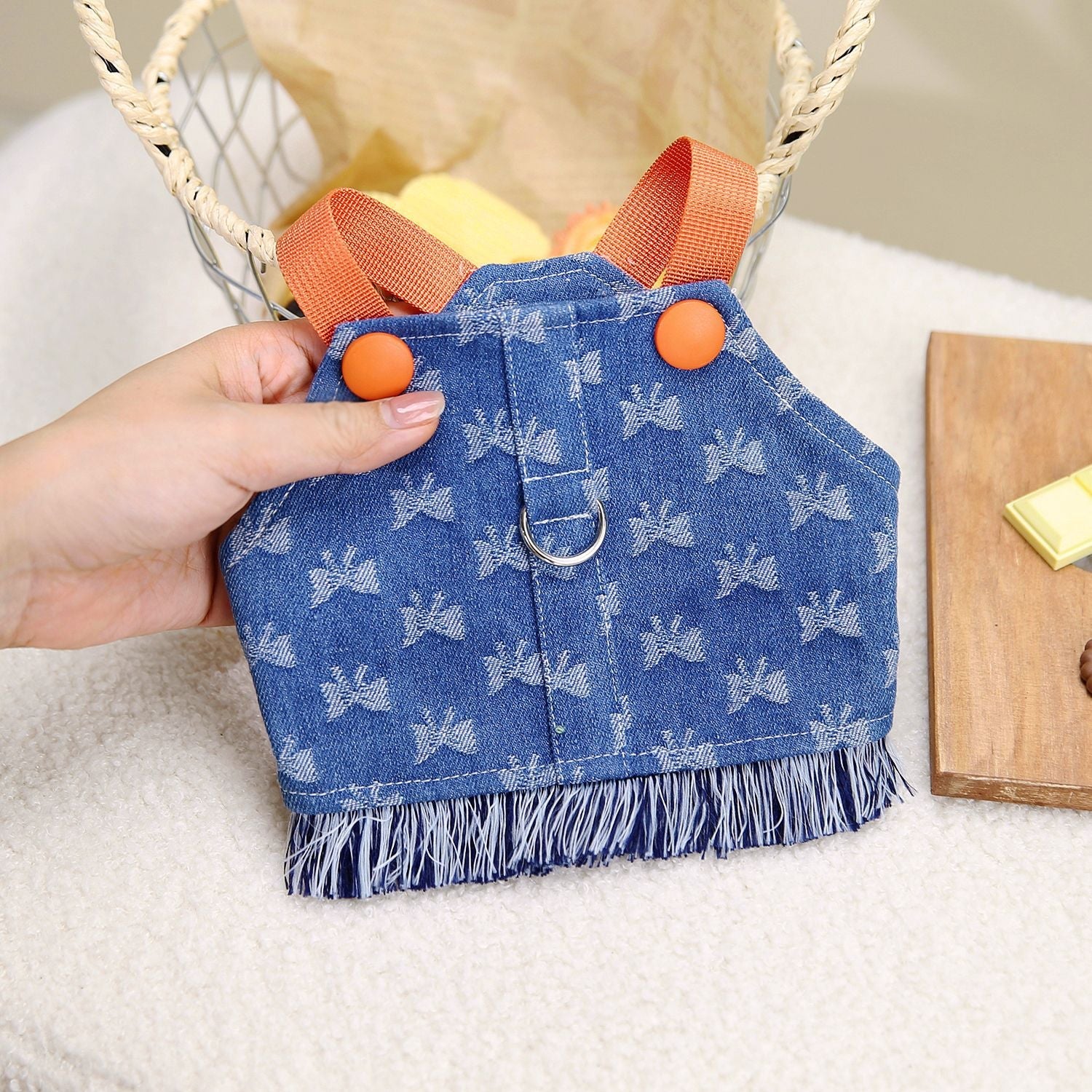 KFX-4064061 Light Blue and Dark Orange Cotton Full Bottom Bow Denim Vest for Pets
