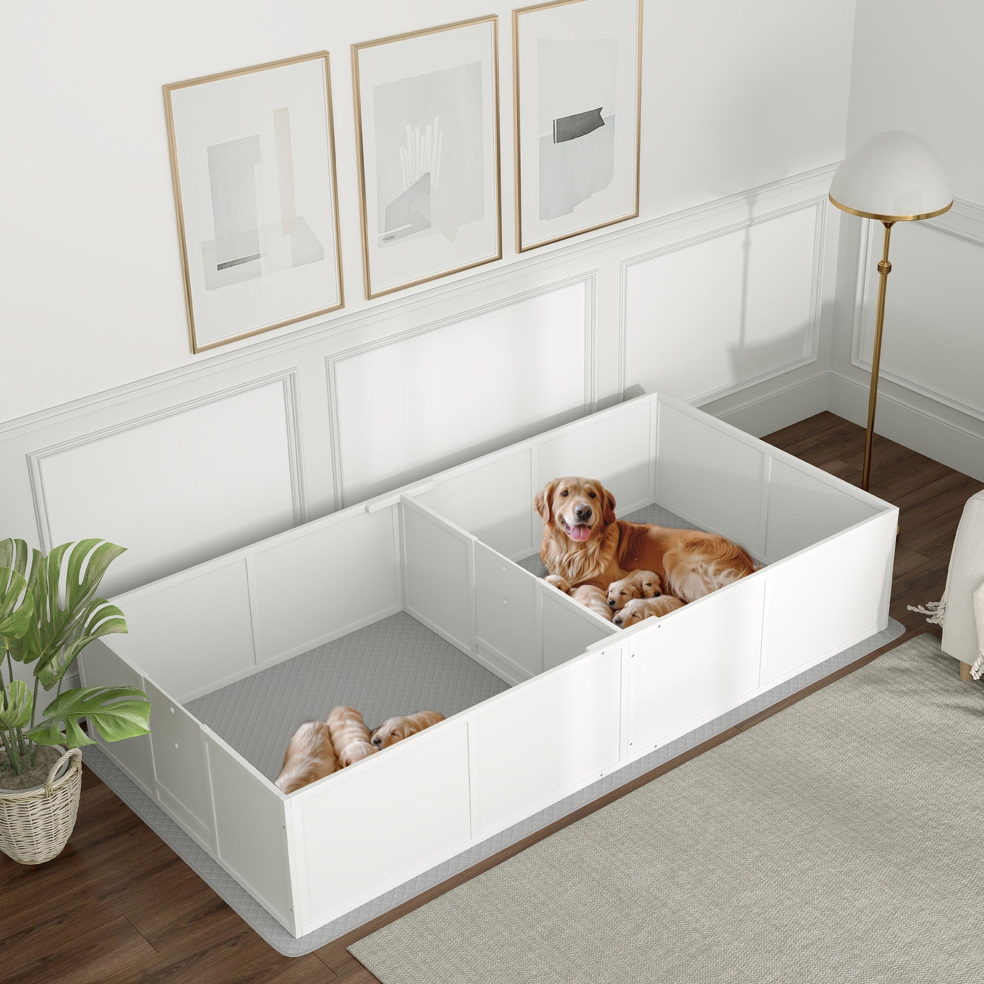 KFX-4069693 Large Dog Whelping Box with Adjustable Entrance and Waterproof Pee Pad