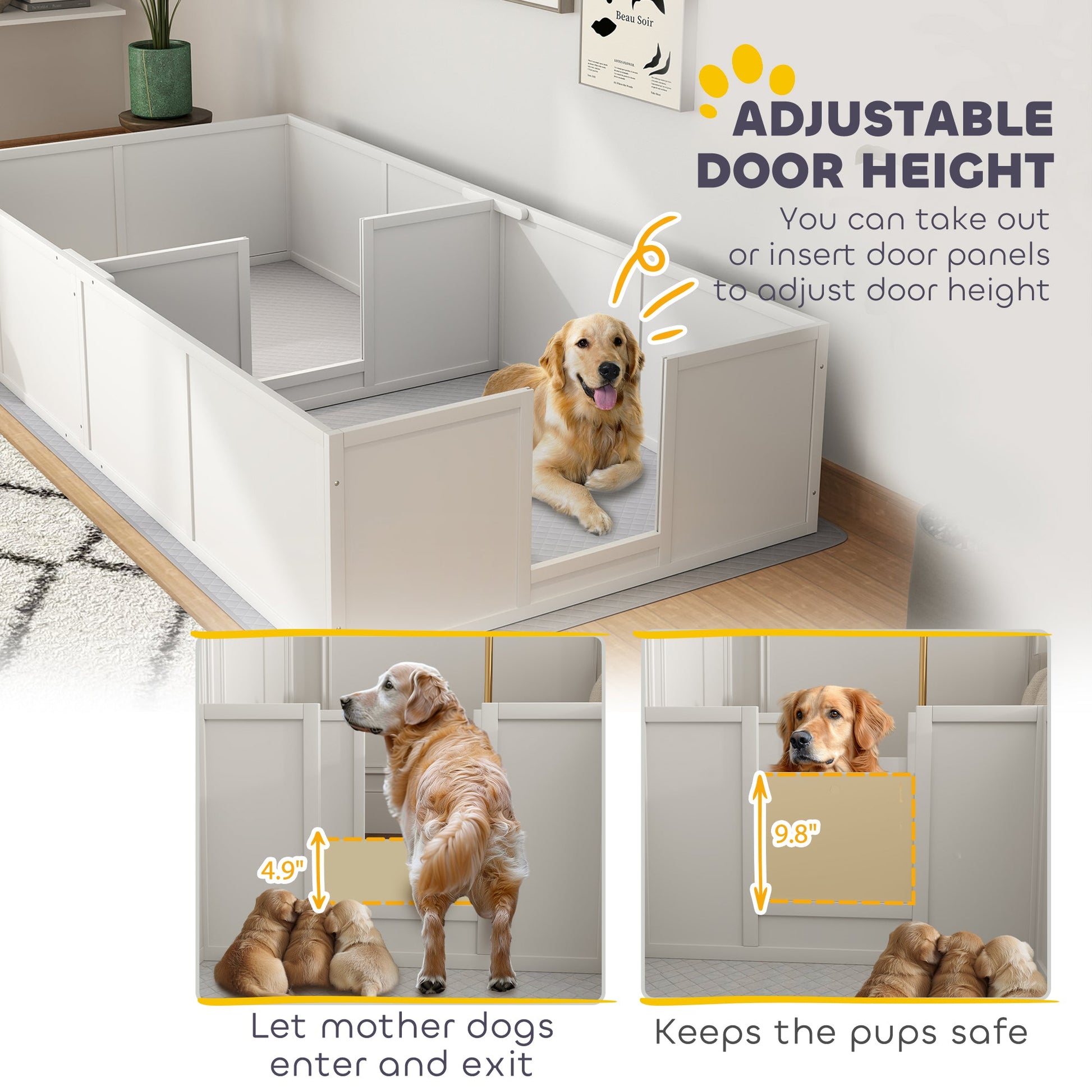 KFX-4069693 Large Dog Whelping Box with Adjustable Entrance and Waterproof Pee Pad