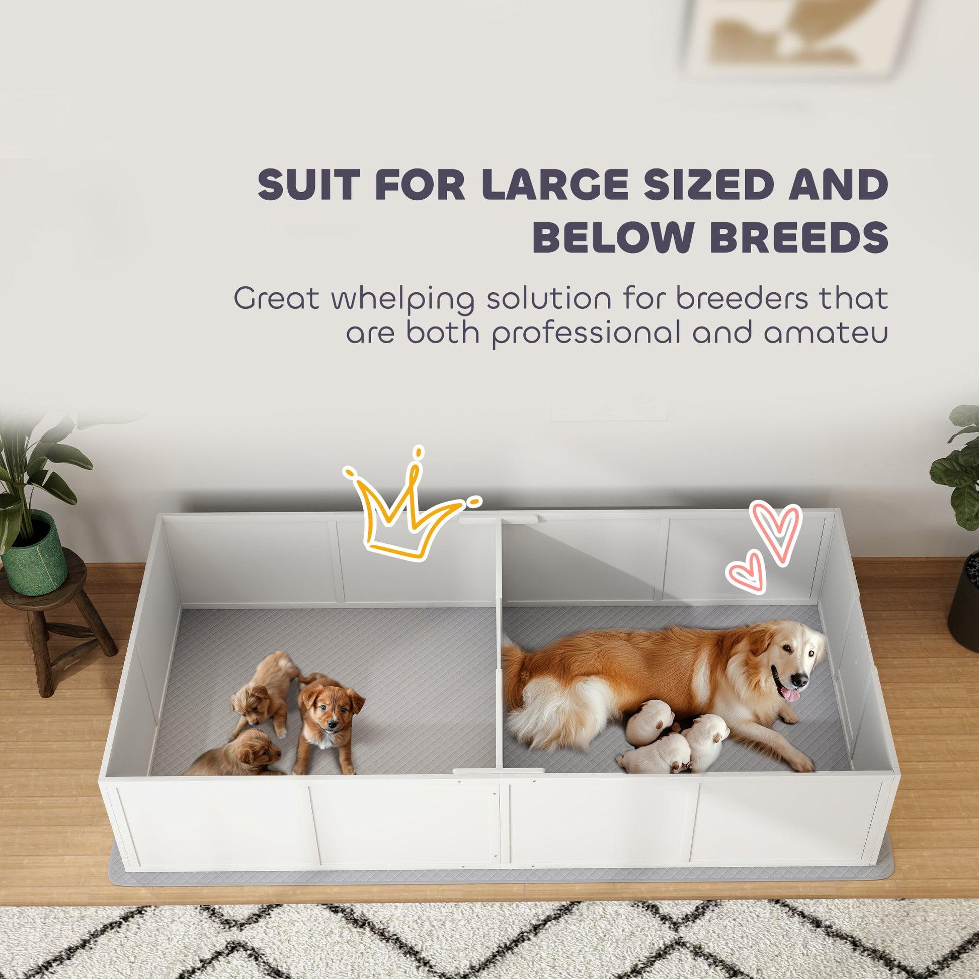 KFX-4069693 Large Dog Whelping Box with Adjustable Entrance and Waterproof Pee Pad