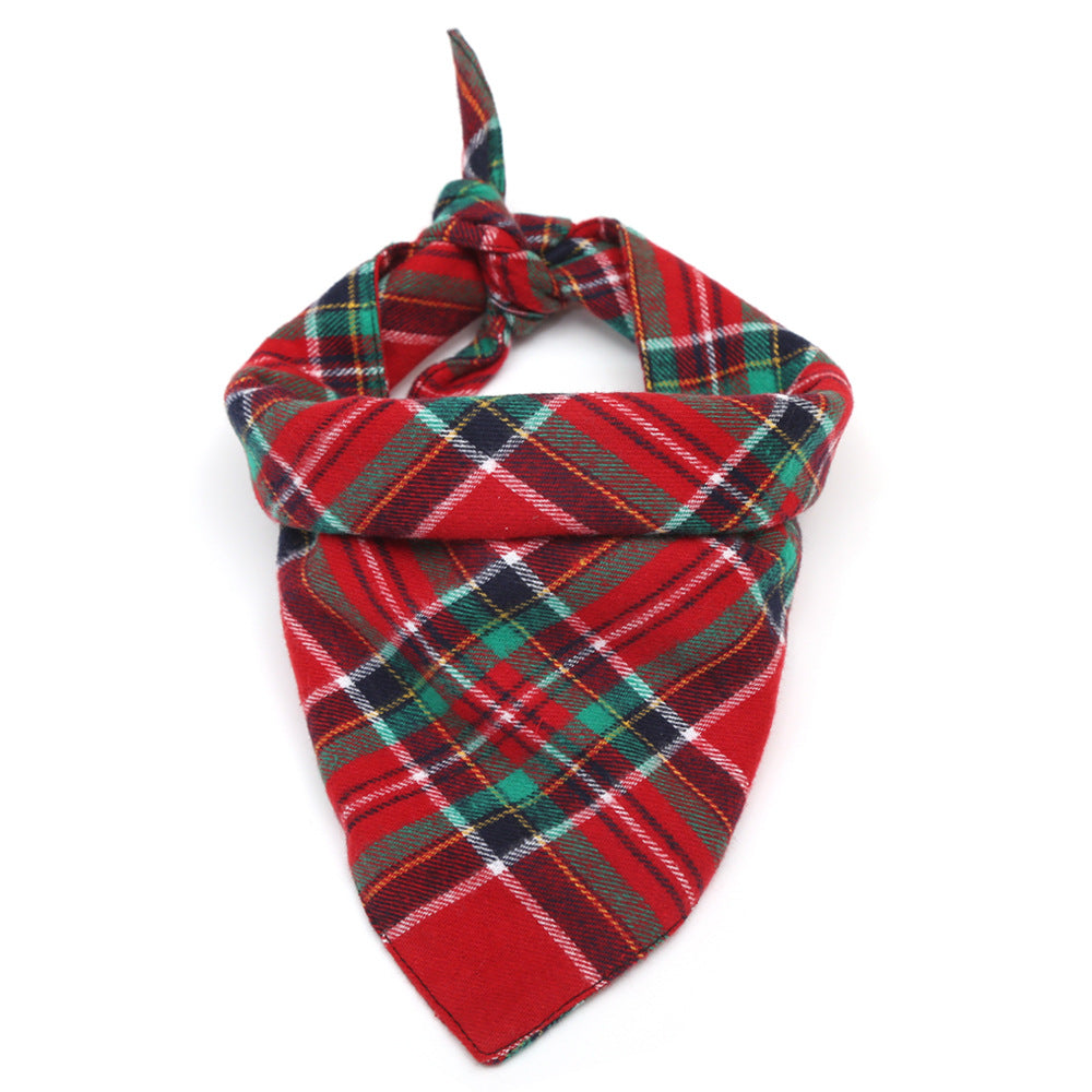 KFX-4071613 Double Cotton Plaid Triangle Scarf for Pets - Warm Red and Green Bib for Dogs and Cats