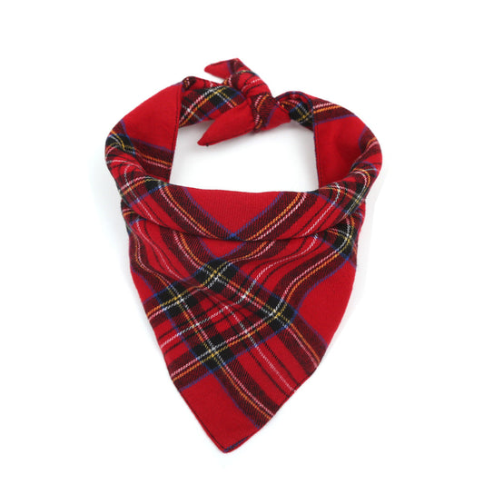 KFX-4071613 Double Cotton Plaid Triangle Scarf for Pets - Warm Red and Green Bib for Dogs and Cats