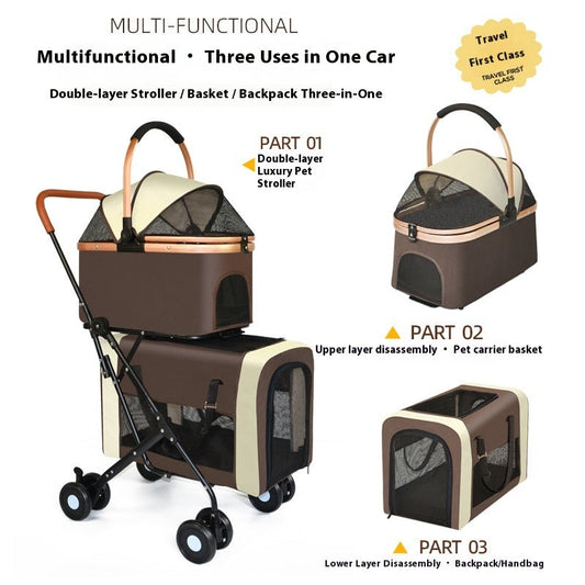 KFX-4076221 Double-layer Portable Outdoor Pet Stroller in Army Green, Khaki, and Black